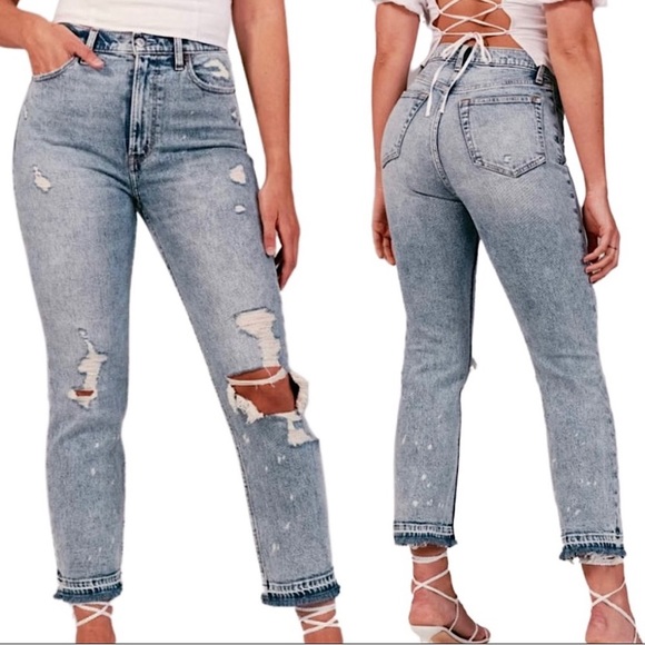 Abercrombie & Fitch Denim - Abercrombie Curve Love Ultra High Rise Ripped Raw Hem Straight Ankle Jeans 10